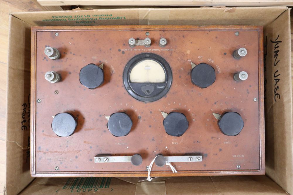 An early 20th century Wheatstone Bridge Precision Resistance OHMS Unit and sundry other vintage equipment,